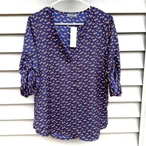 NWT Market & Spruce size M Ivy Split Neck Bird Print Blouse - Navy